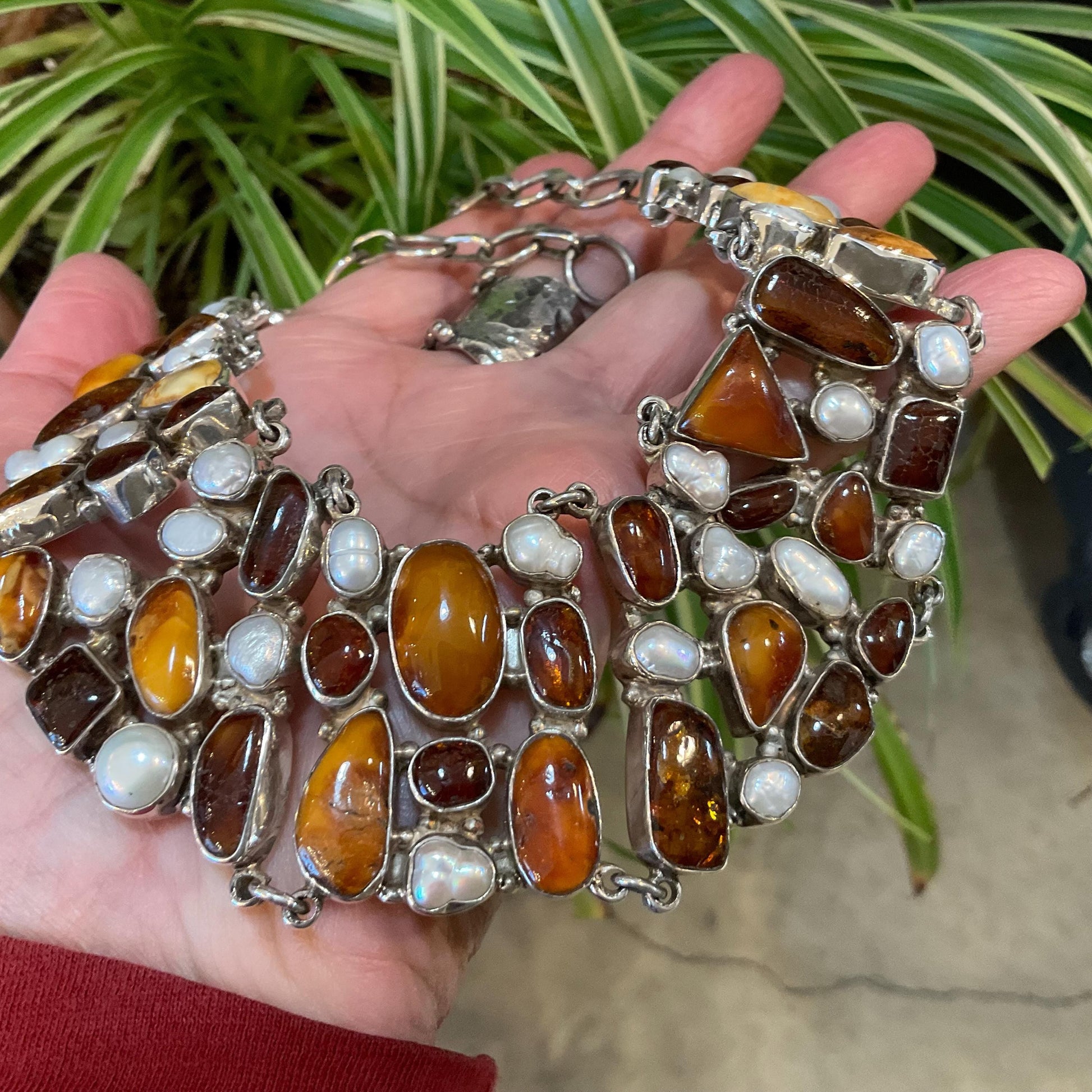 Sterling silver natural pearl natural Baltic amber collar choker necklace Colors Of Etnika