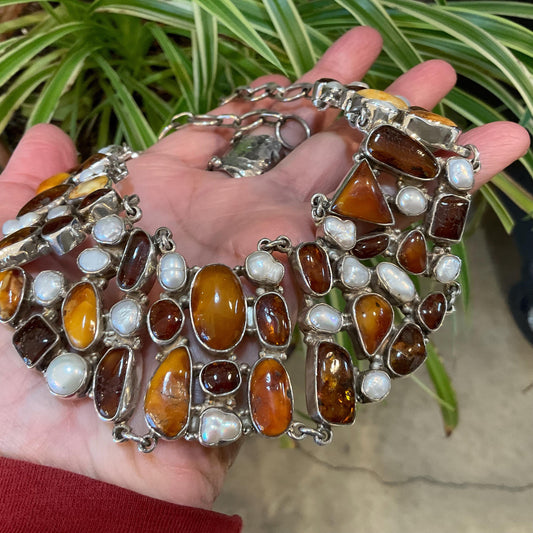 Sterling silver natural pearl natural Baltic amber collar choker necklace