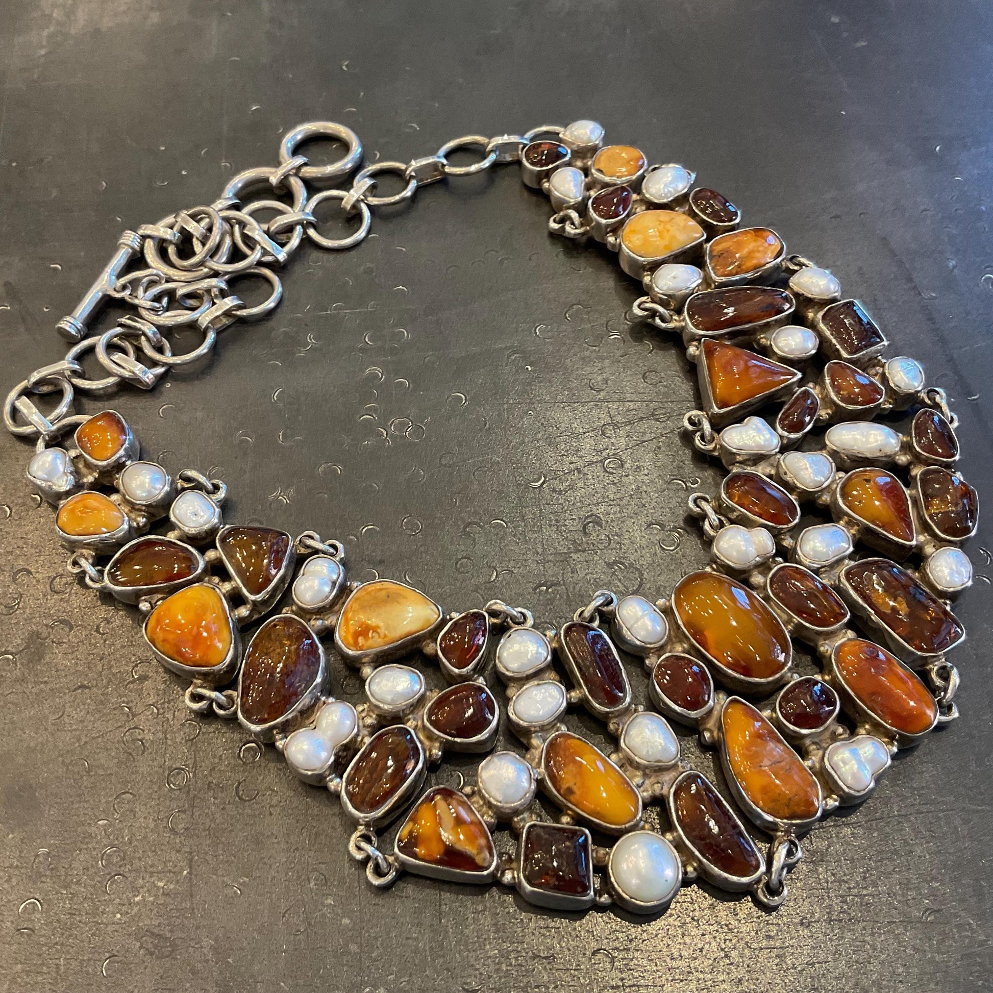Sterling silver natural pearl natural Baltic amber collar choker necklace Colors Of Etnika