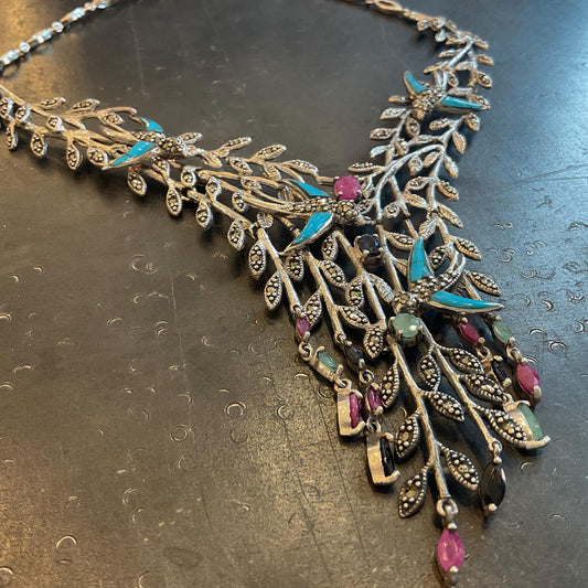 Sterling silver turquoise emerald ruby and sapphires statement necklace