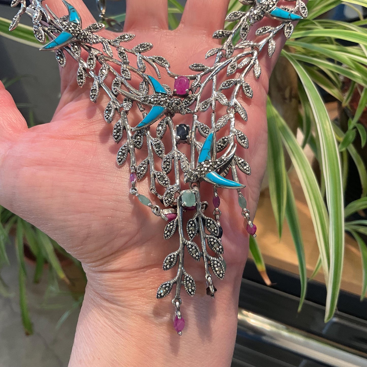 Sterling silver turquoise emerald ruby and sapphires statement necklace Colors Of Etnika