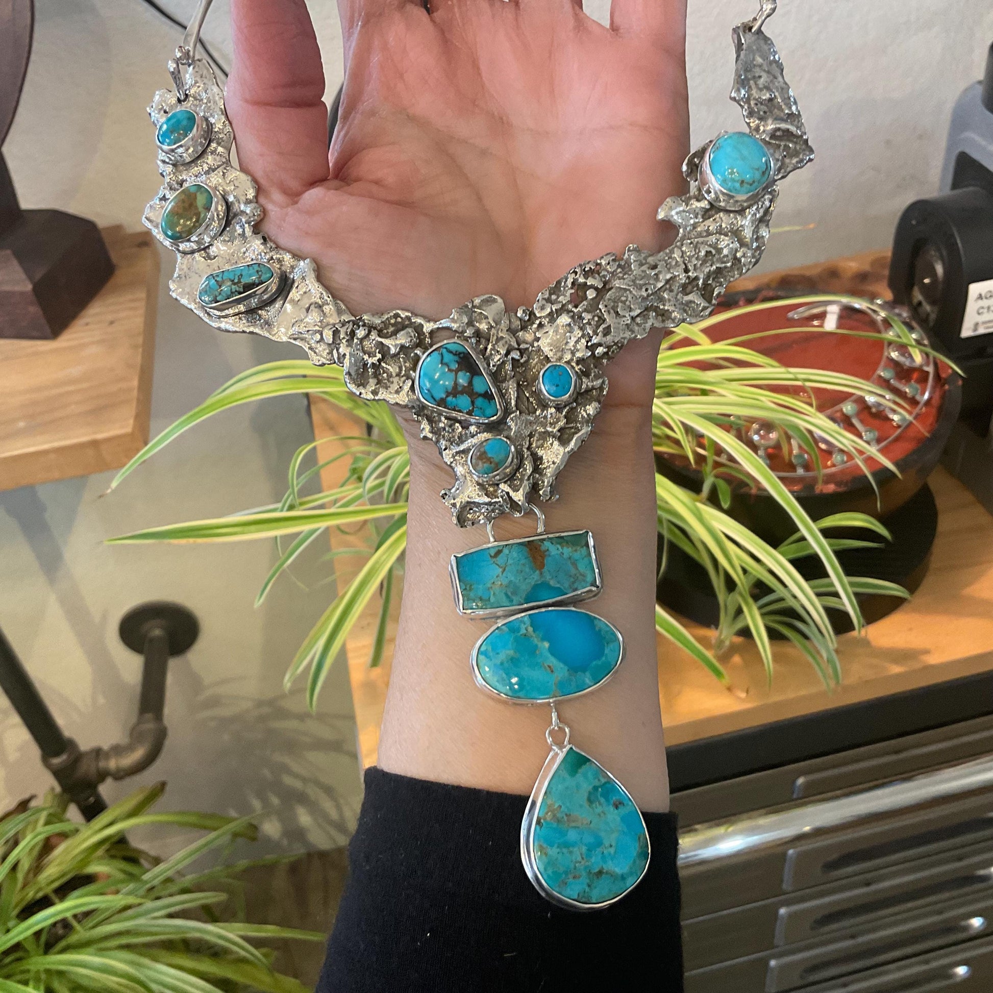 Sterling silver natural turquoise brutalist artisan choker necklace Colors Of Etnika