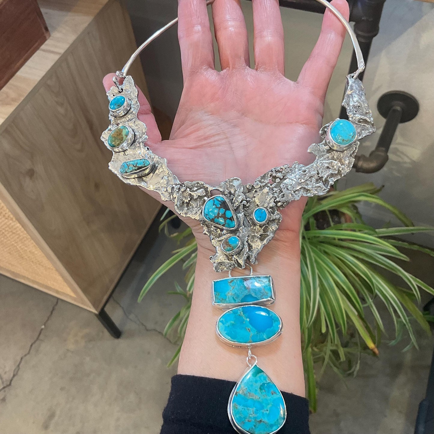 Sterling silver natural turquoise brutalist artisan choker necklace Colors Of Etnika
