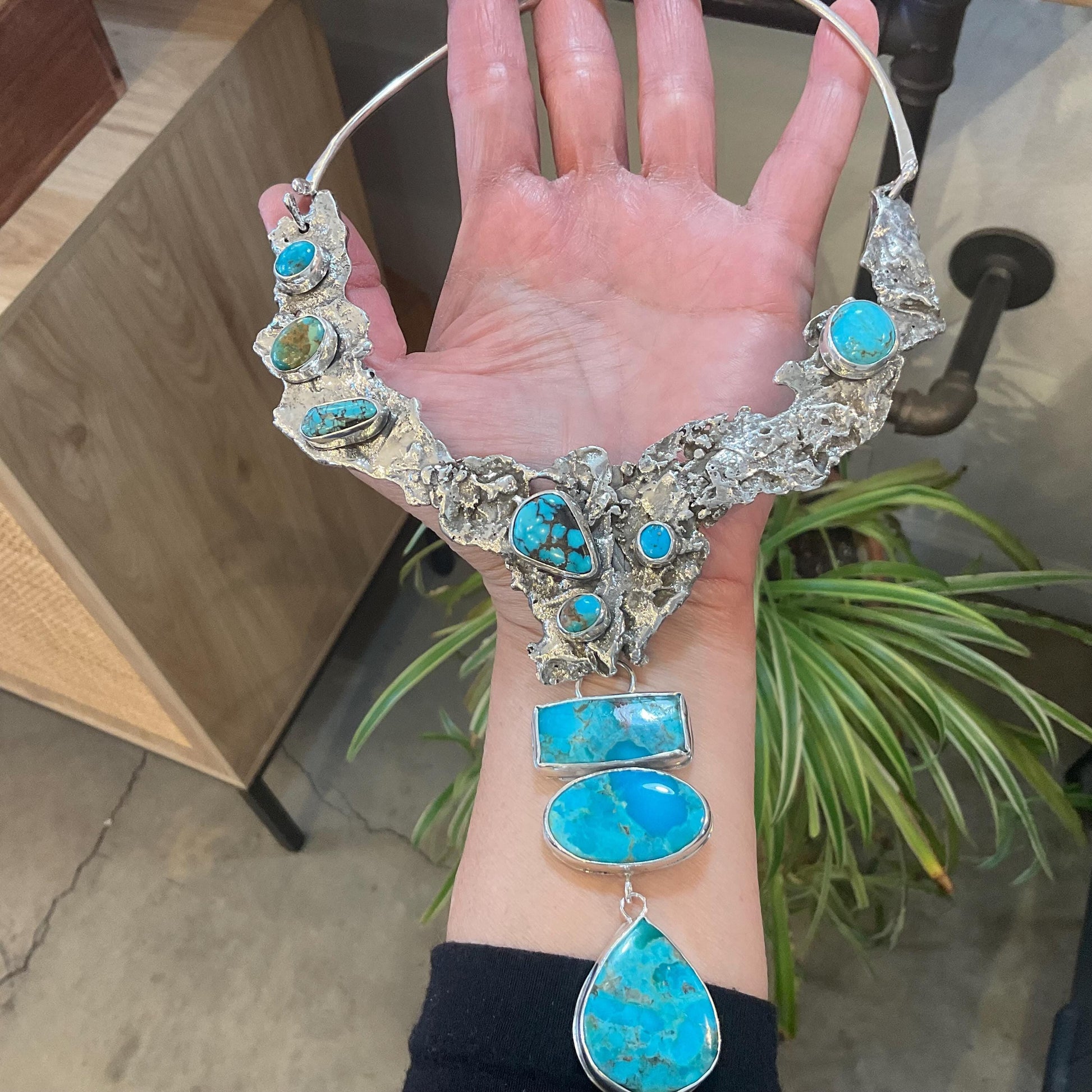 Sterling silver natural turquoise brutalist artisan choker necklace Colors Of Etnika