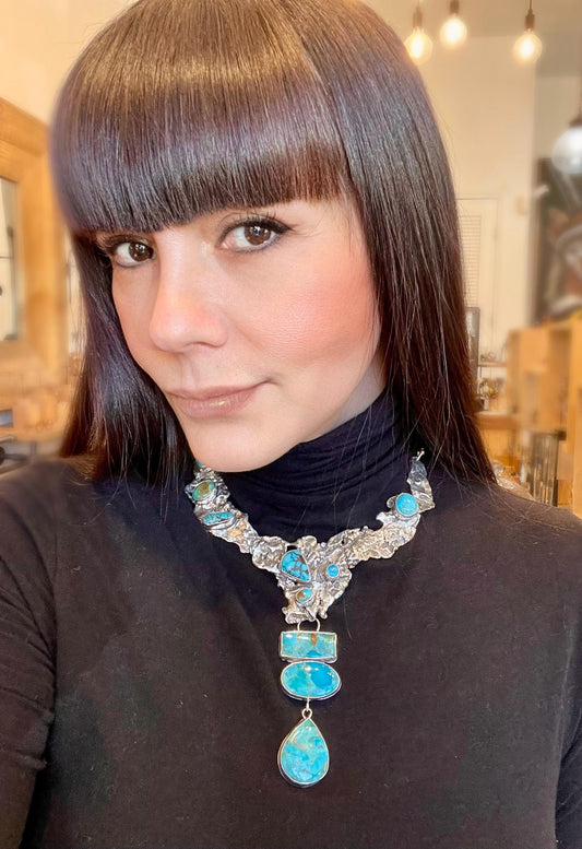 Sterling silver natural turquoise brutalist artisan choker necklace