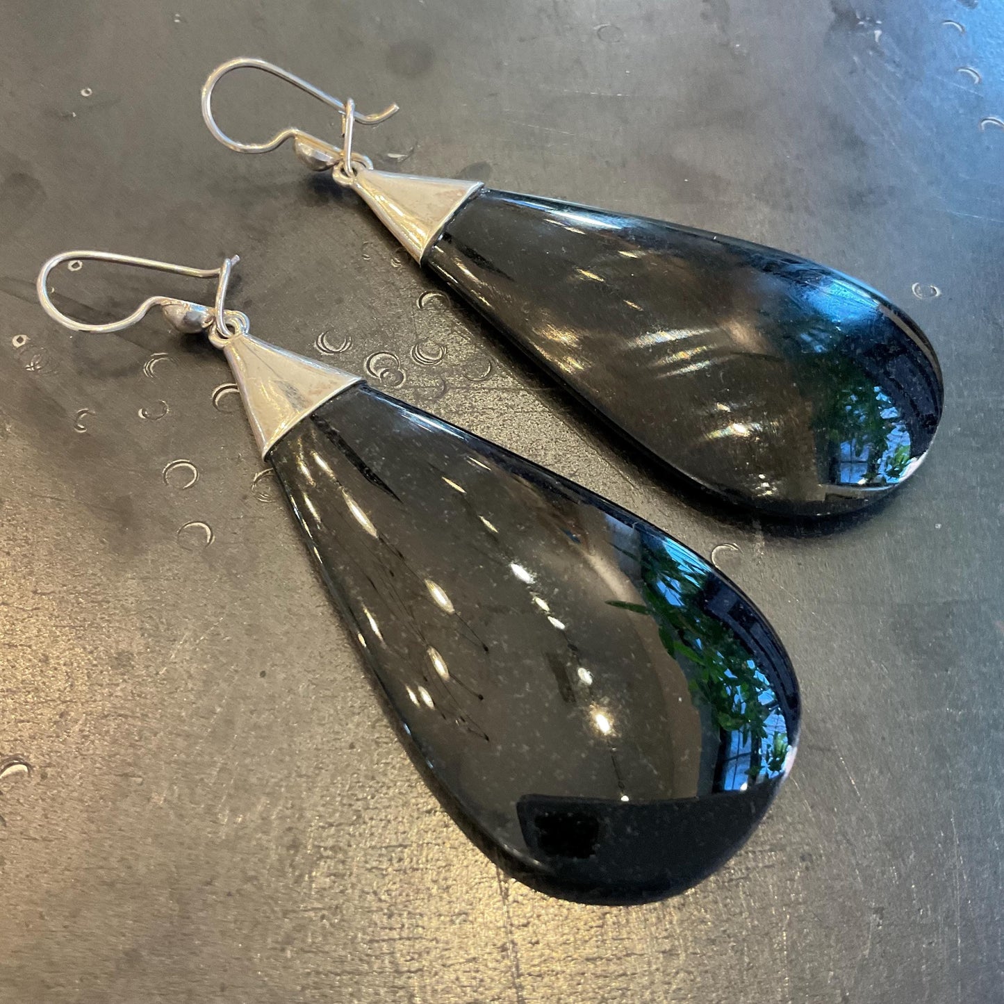 Sterling Silver natural  black Guatemalan jade large dangle Earrings Colors Of Etnika
