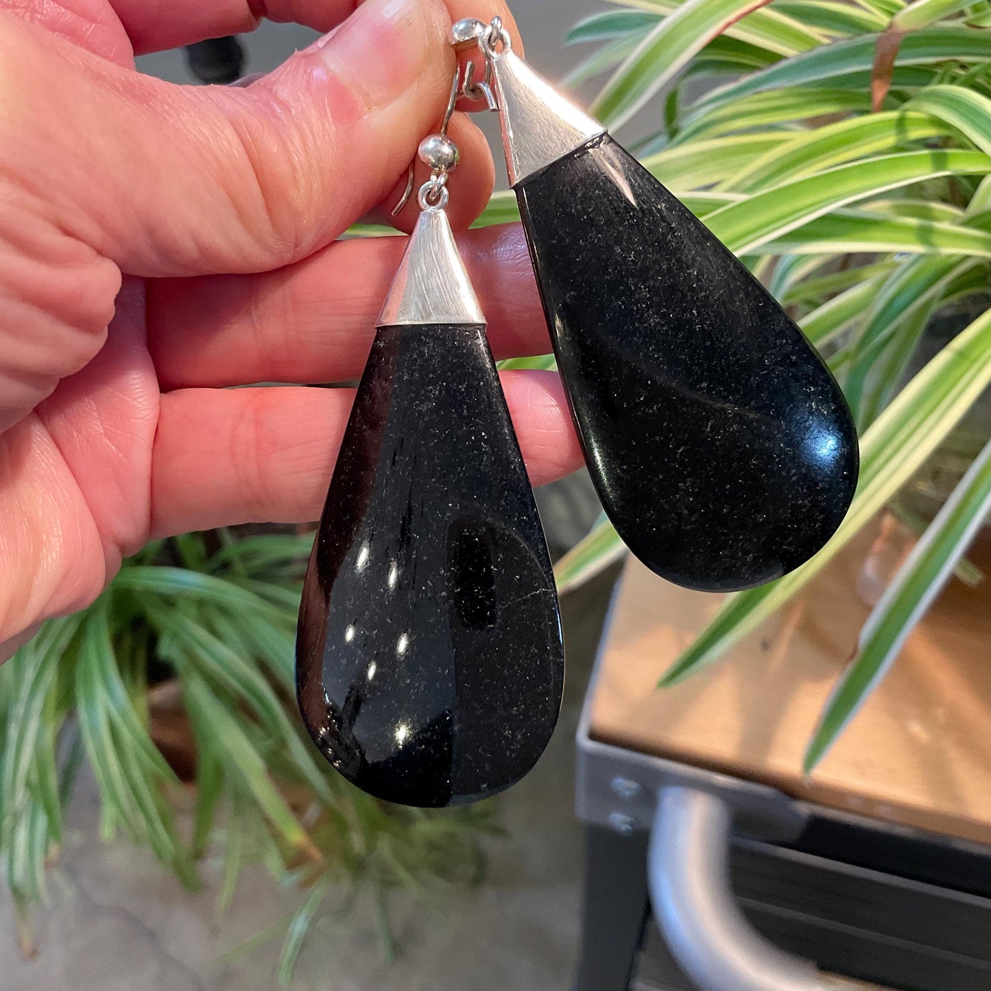 Sterling Silver natural  black Guatemalan jade large dangle Earrings Colors Of Etnika