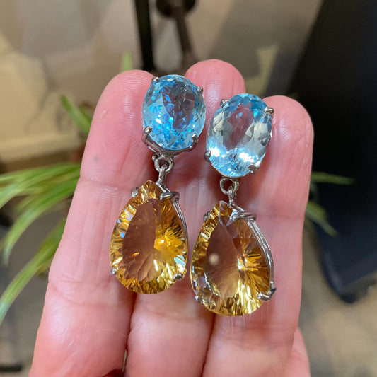 Sterling Silver natural  blue topaz citrine fancy earrings