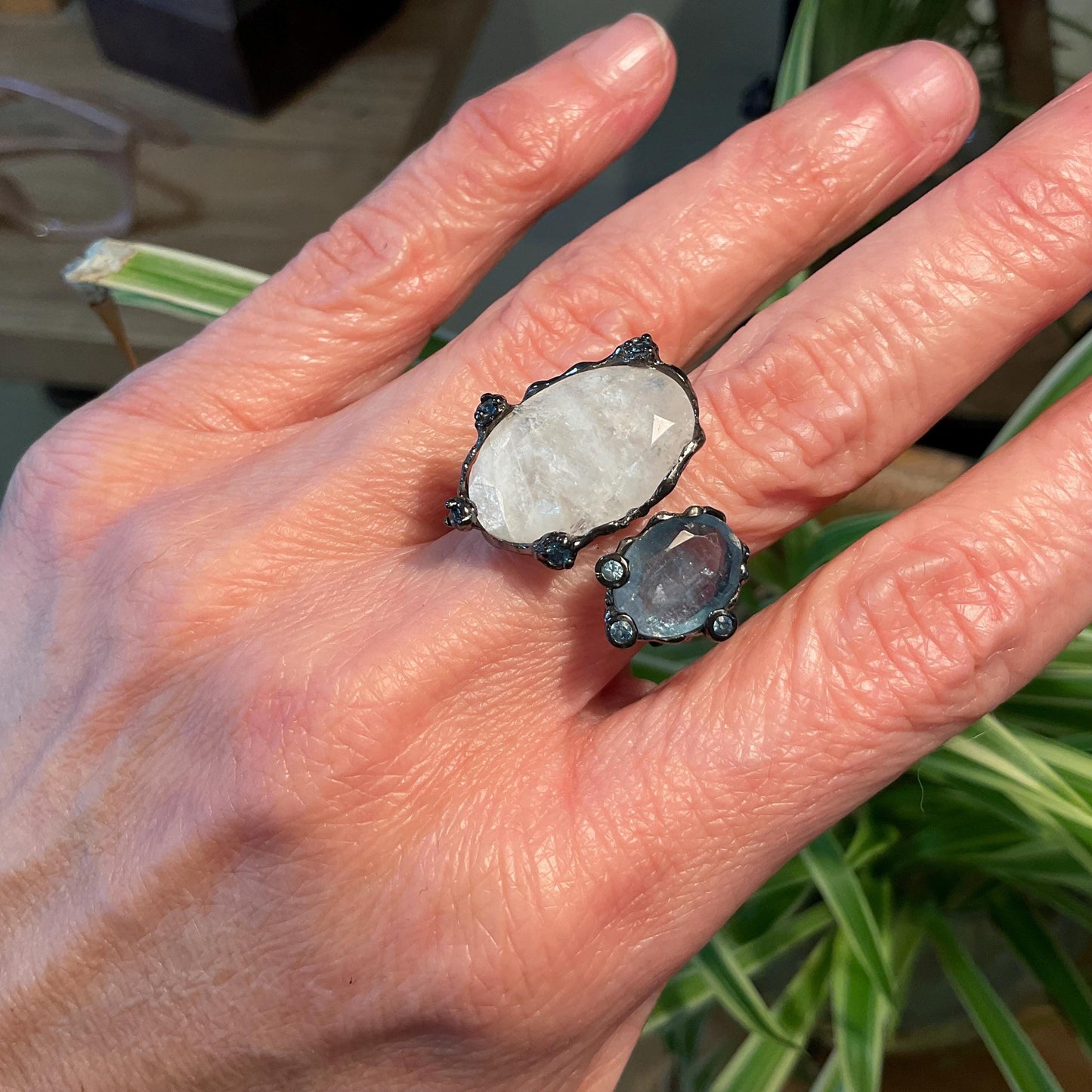 Sterling silver aquamarine moonstone cuff open ring 8