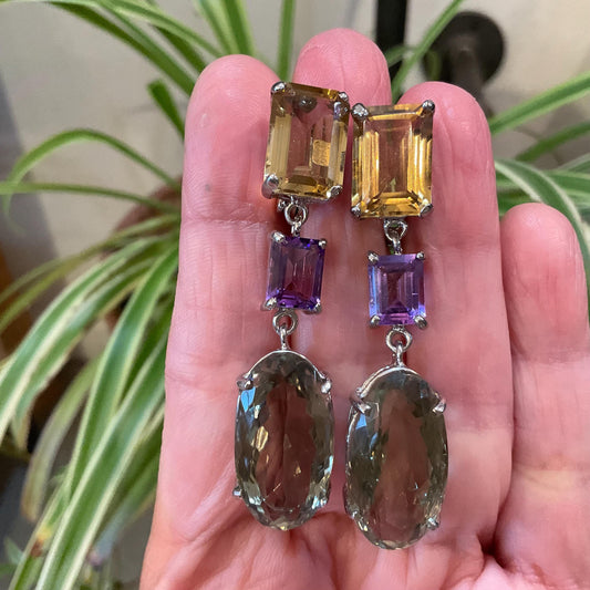 Sterling silver citrine green amethyst dangle long earrings