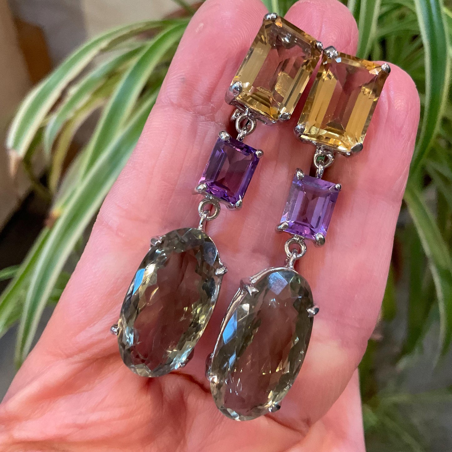 Sterling silver citrine green amethyst dangle long earrings Colors Of Etnika