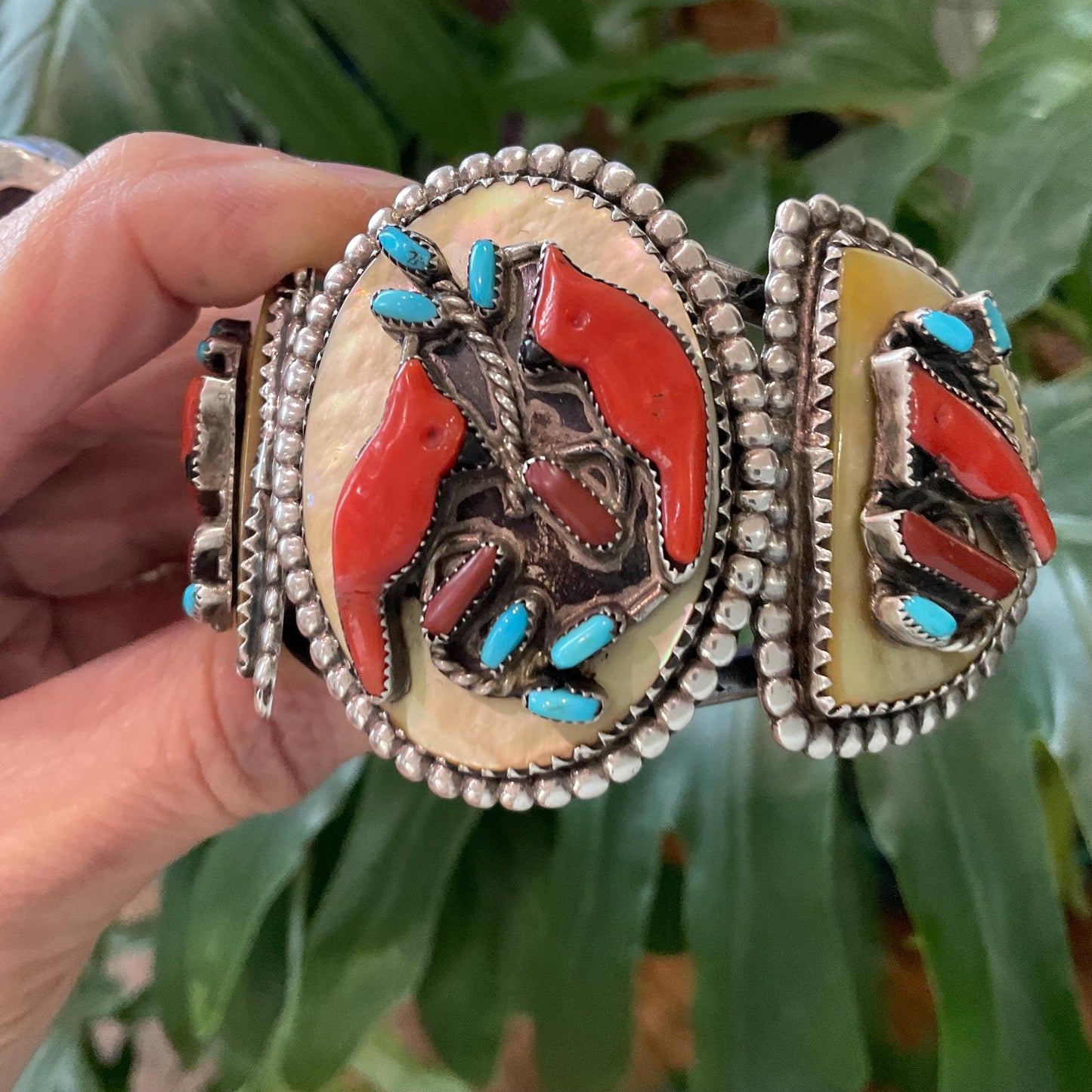 Sterling silver turquoise coral cardinal native cuff bracelet Colors Of Etnika