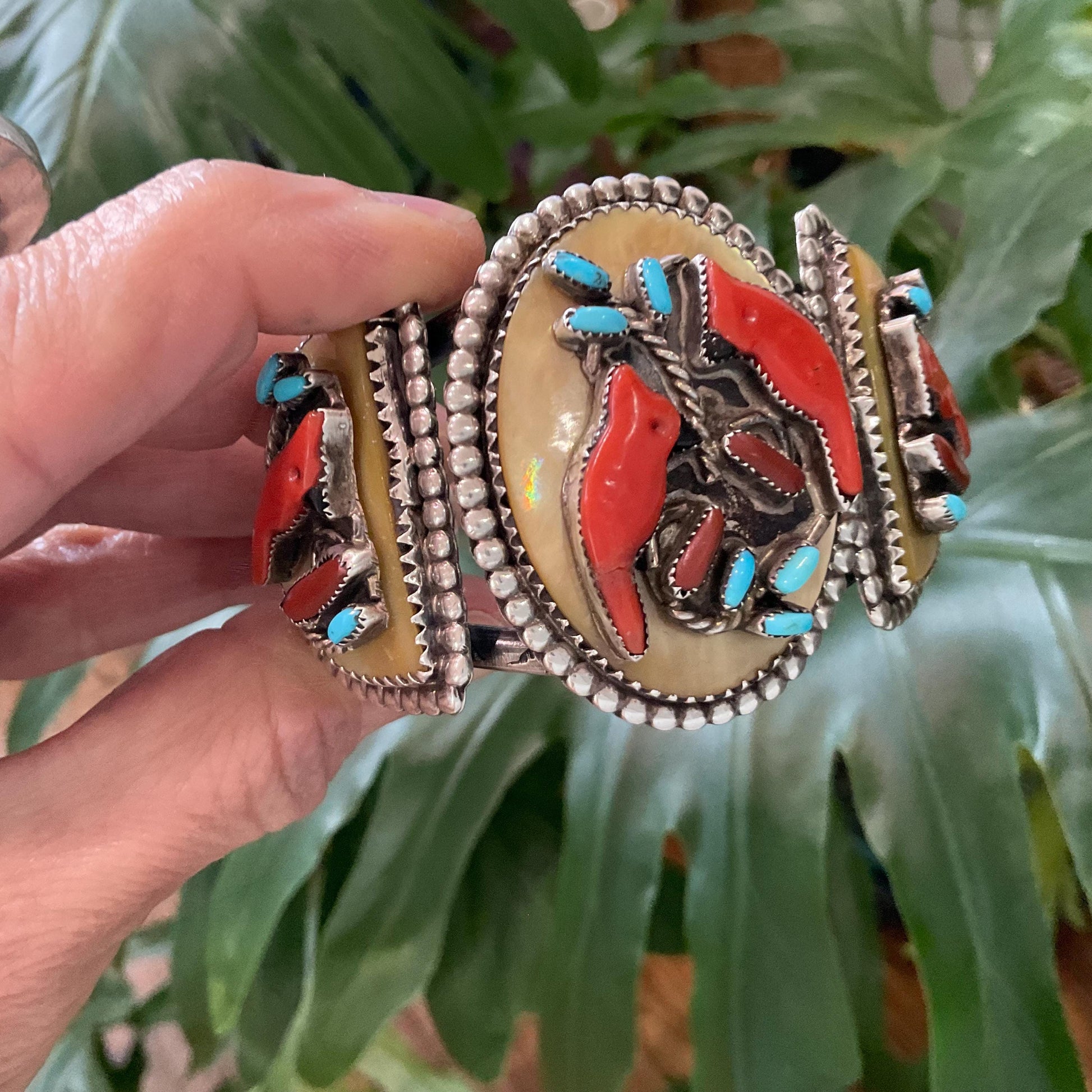 Sterling silver turquoise coral cardinal native cuff bracelet Colors Of Etnika