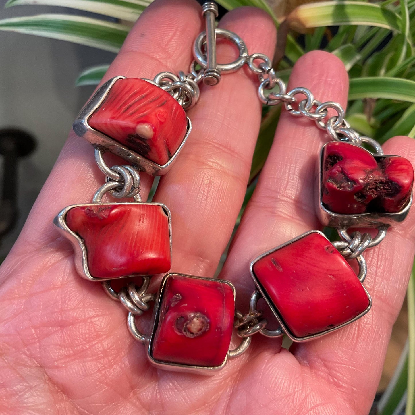 925 sterling silver Natural red coral Bracelet artisan handmade