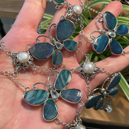 sterling silver natural blue Australian pearl Opal butterfly necklace