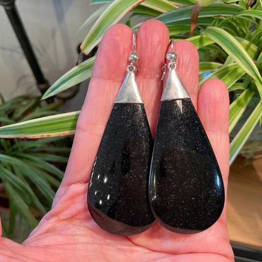 Sterling Silver natural  black Guatemalan jade large dangle Earrings