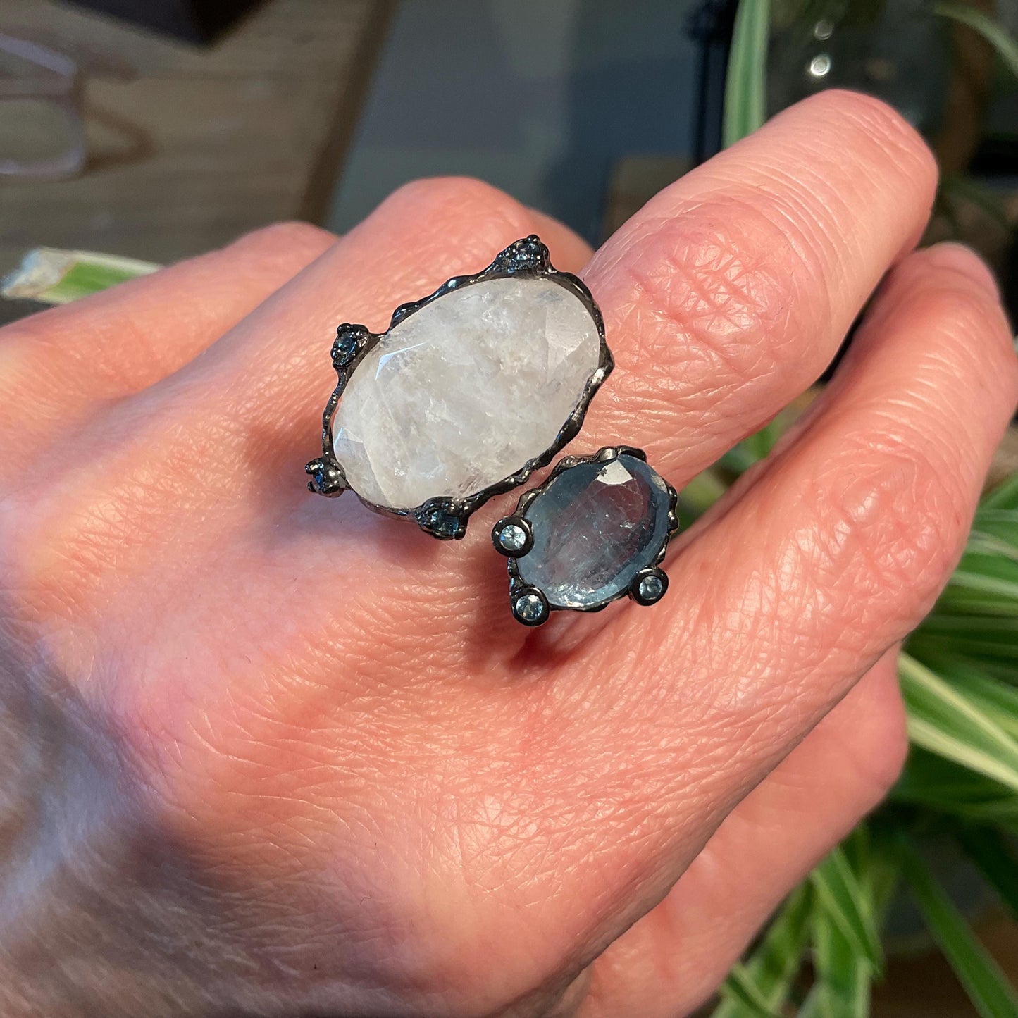 Sterling silver aquamarine moonstone cuff open ring 8