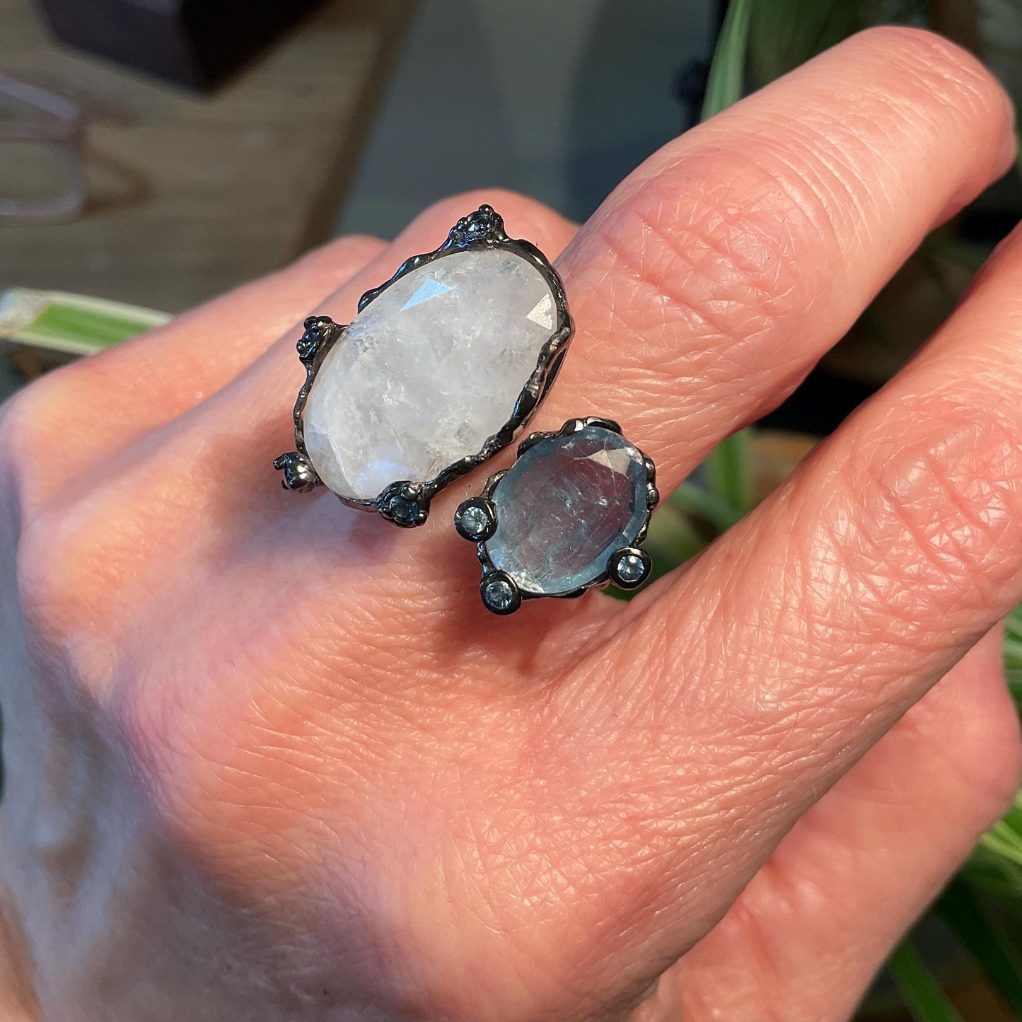 Sterling silver aquamarine moonstone cuff open ring 8