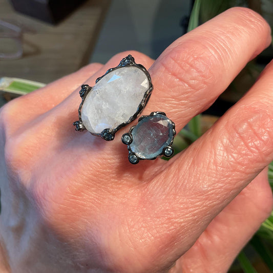 Sterling silver aquamarine moonstone cuff open ring 8