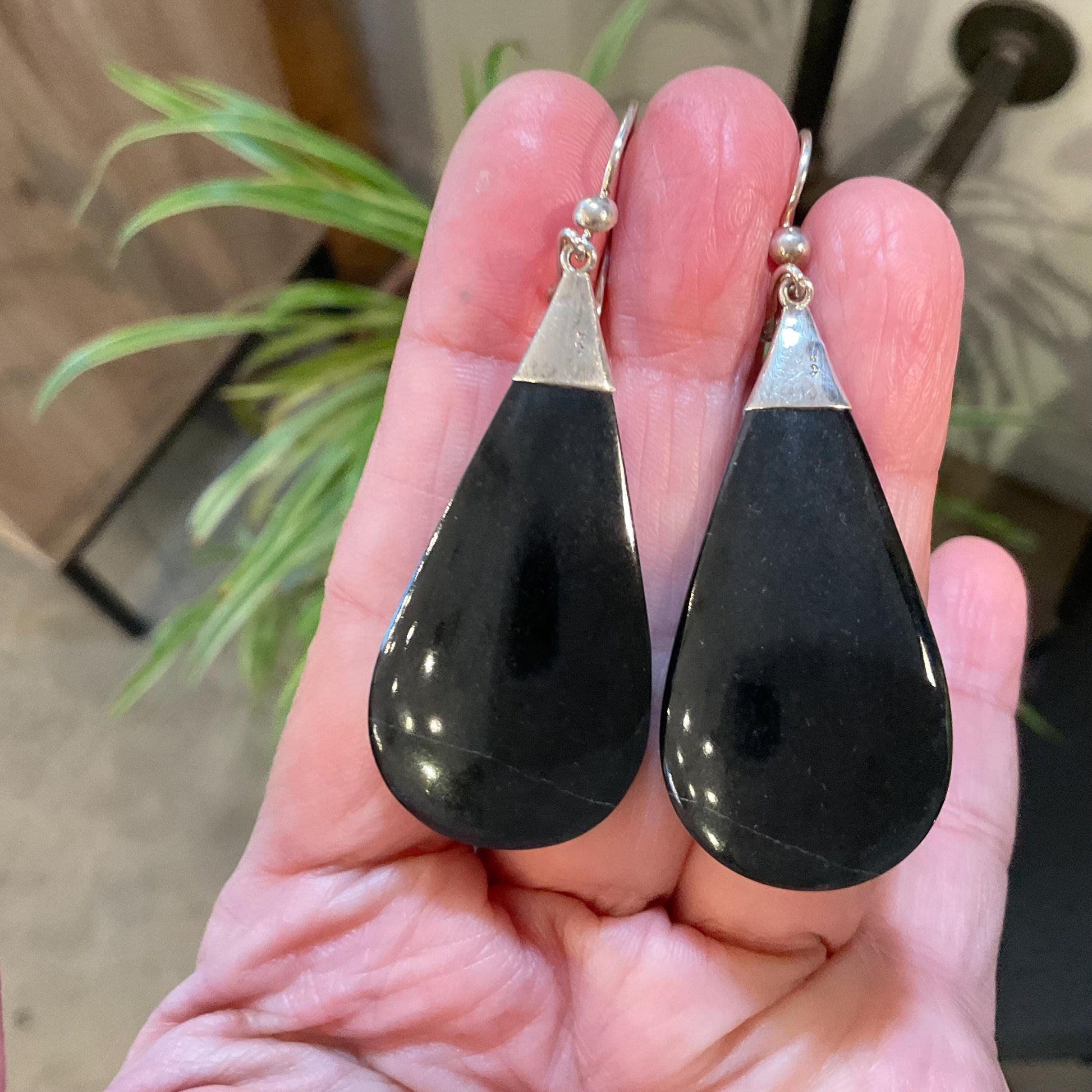 Sterling Silver natural black Guatemalan jade dangle Earrings Colors Of Etnika