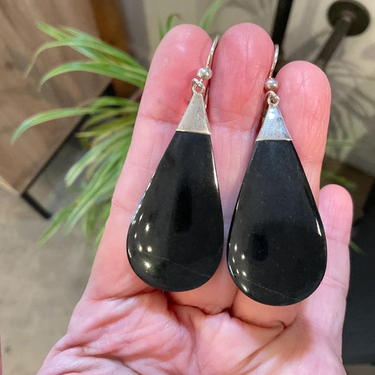 Sterling Silver natural black Guatemalan jade dangle Earrings
