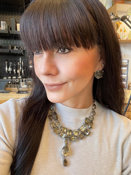 Sterling silver natural Smokey lemon quartz statement necklace