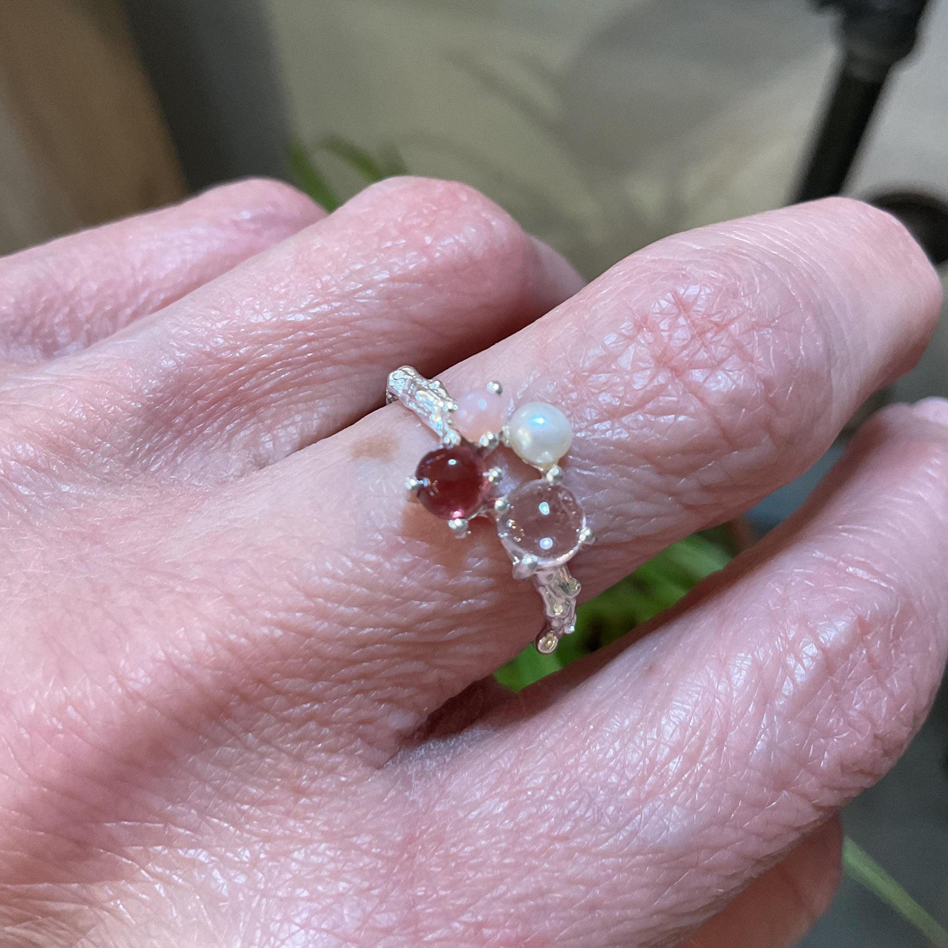 sterling silver pink tourmaline pearl dainty  ring 7 Colors Of Etnika