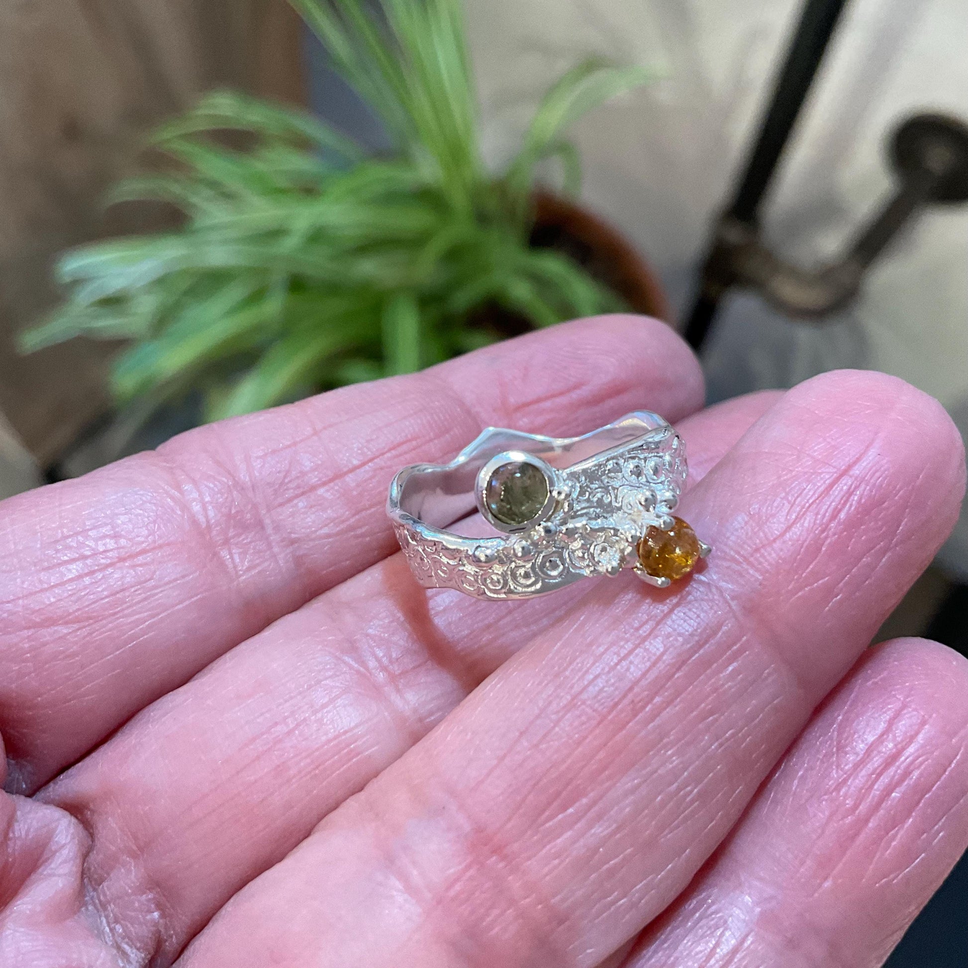 sterling silver green orange tourmaline pearl dainty  ring 7 Colors Of Etnika