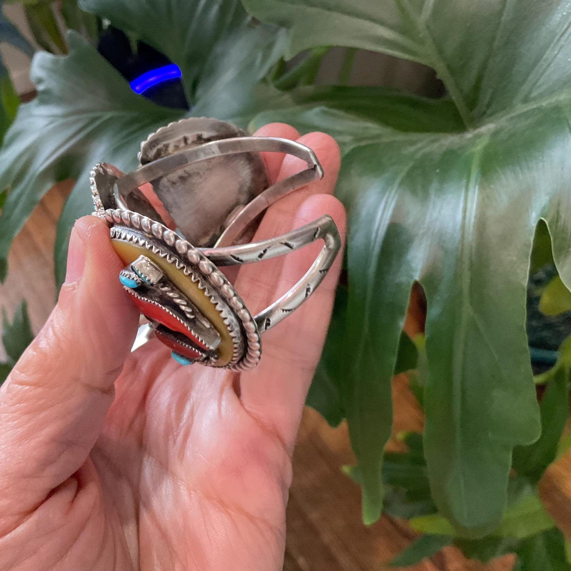 Sterling silver turquoise coral cardinal native cuff bracelet Colors Of Etnika