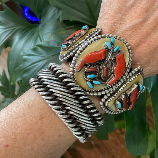 Sterling silver turquoise coral cardinal native cuff bracelet