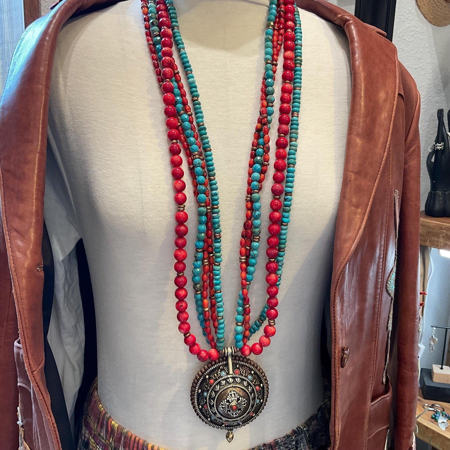 Turquoise red coral Statement long  Necklace Colors Of Etnika
