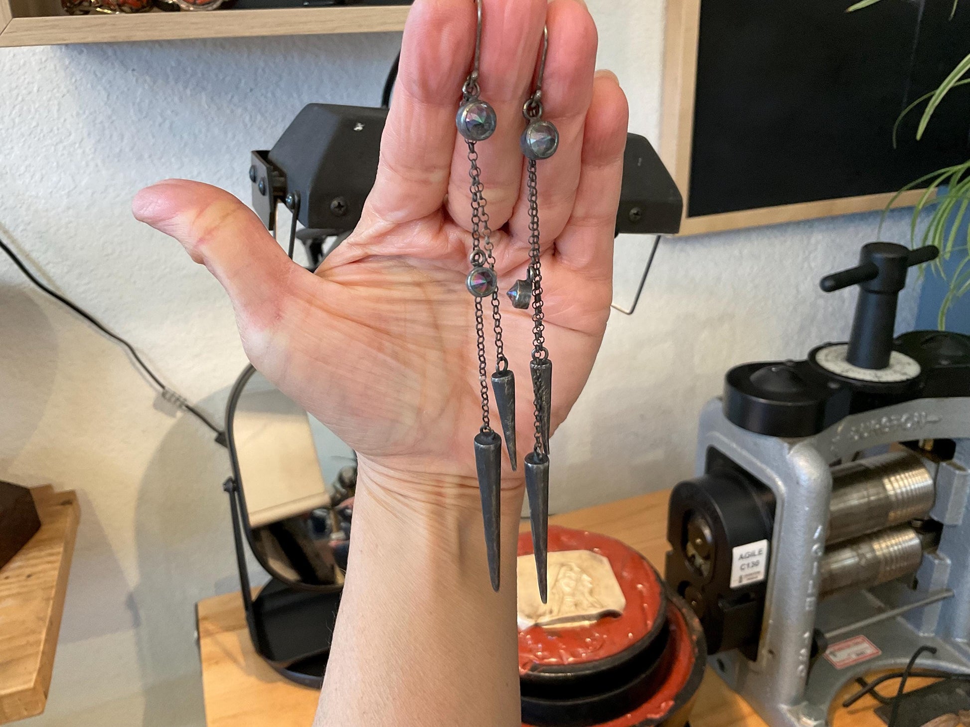 Sterling Silver Rebel black quartz spike long Earrings 6” Colors Of Etnika