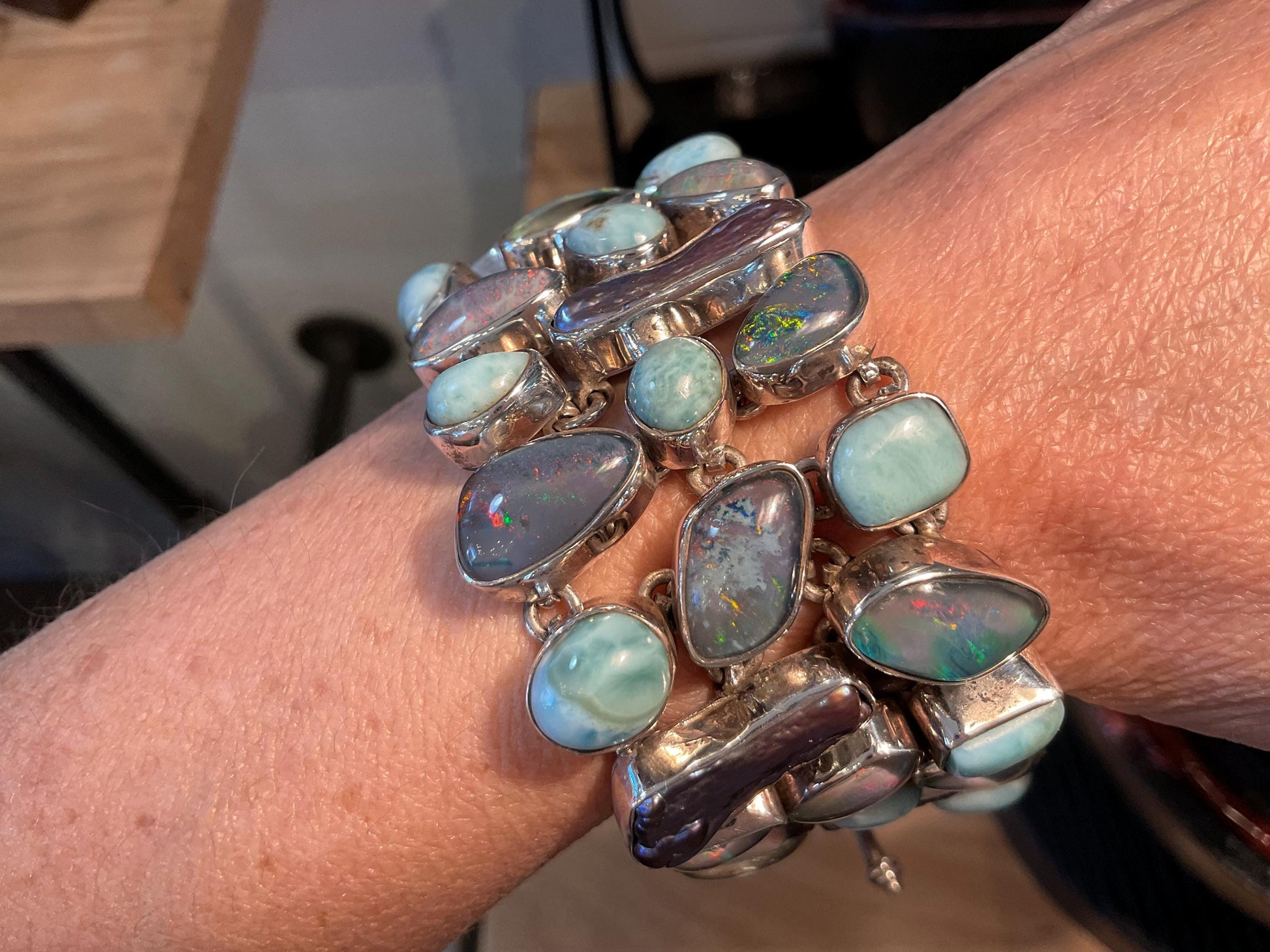 sterling silver Dominican larimar Australian Opal pearl bracelet Colors Of Etnika