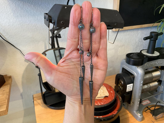 Sterling Silver Rebel black quartz spike long Earrings 6”