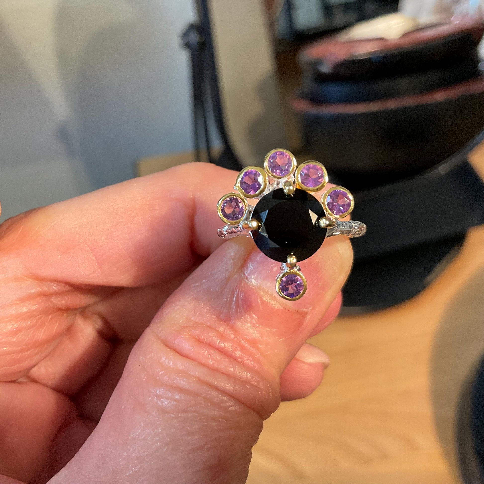 Sterling Silver Handmade natural black spinel amethyst ring 5 Colors Of Etnika