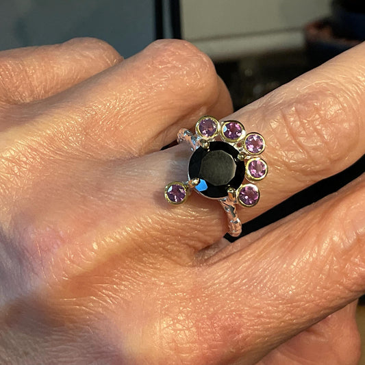 Sterling Silver Handmade natural black spinel amethyst ring 5