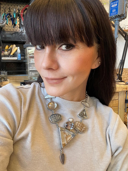 Sterling silver natural rutile quartz pearl statement necklace