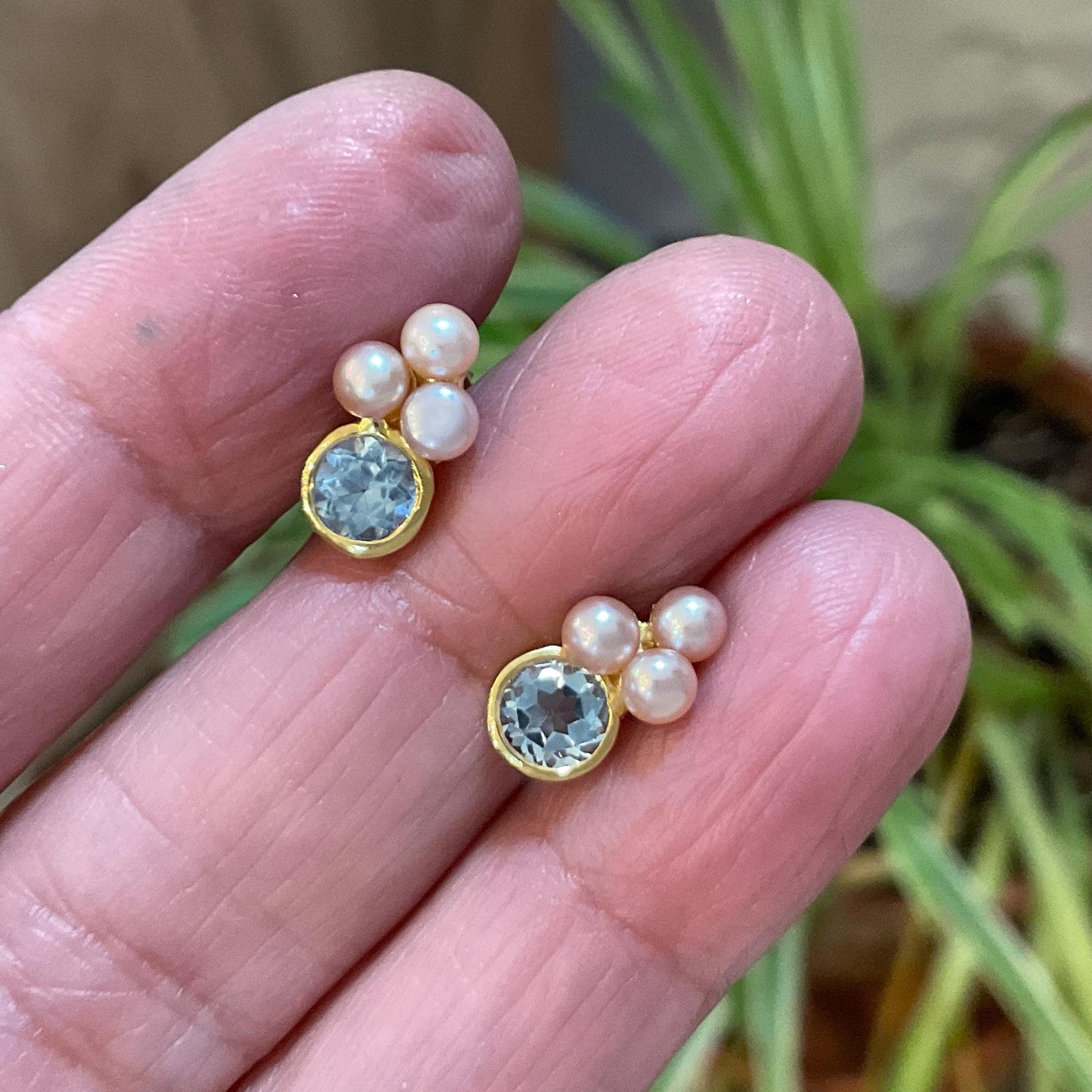 Sterling Silver blue topaz pink pearl post gold  earrings Colors Of Etnika