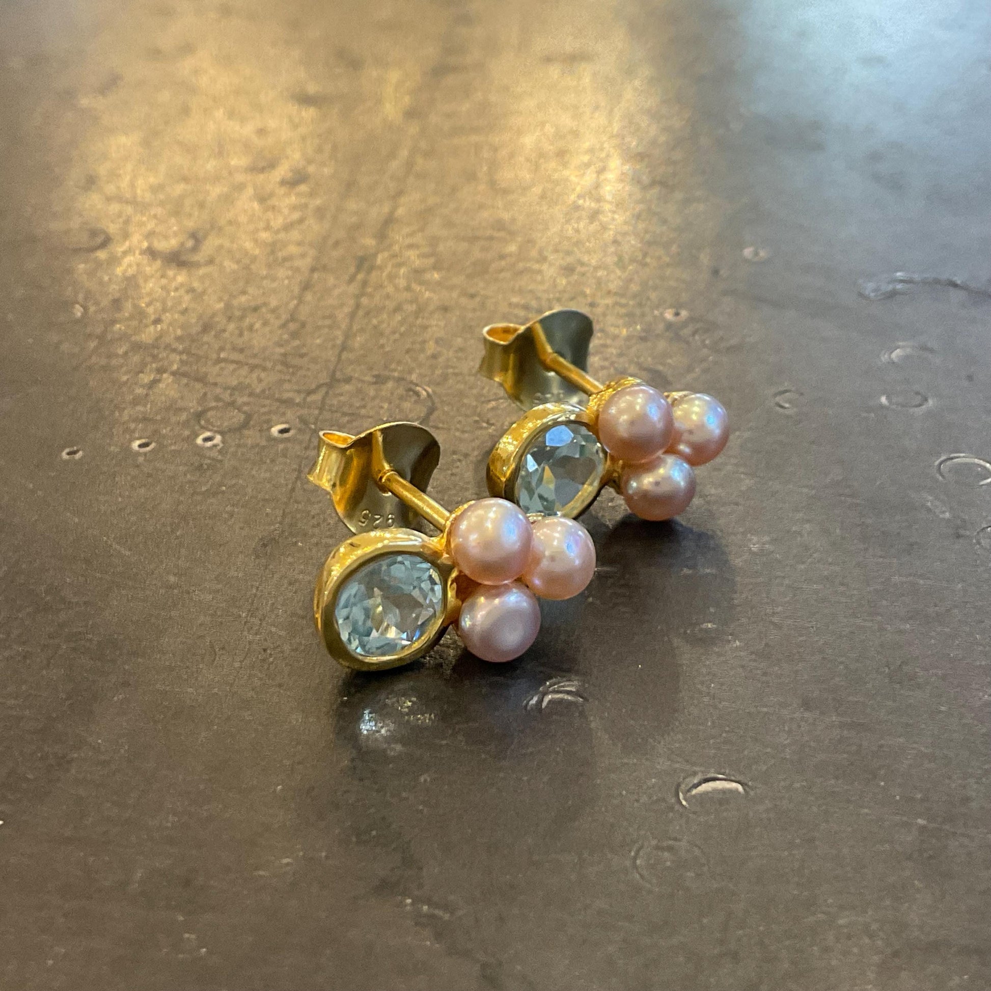 Sterling Silver blue topaz pink pearl post gold  earrings Colors Of Etnika