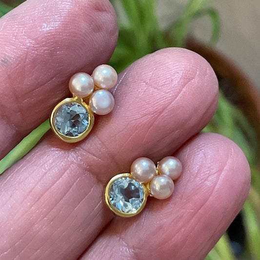 Sterling Silver blue topaz pink pearl post gold  earrings