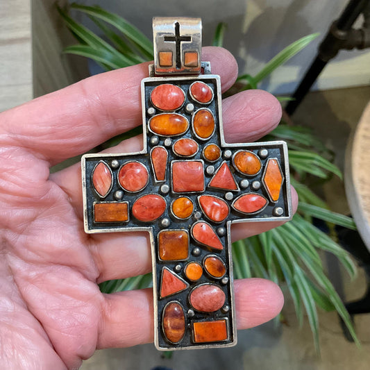 sterling silver spiny oyster and coral Oversize cross Pendant