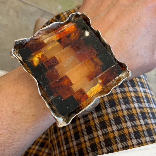 sterling silver massive Baltic Amber bracelet cuff