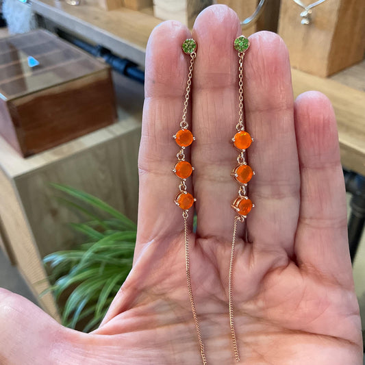 sterling silver orange fire Opal dangle rose gold long earrings