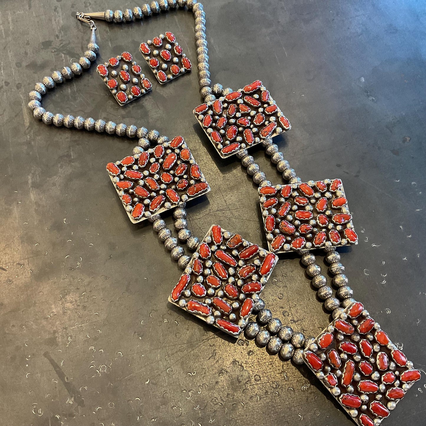Sterling silver natural red coral Native American necklace set Colors Of Etnika