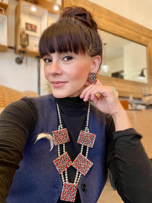 Sterling silver natural red coral Native American necklace set