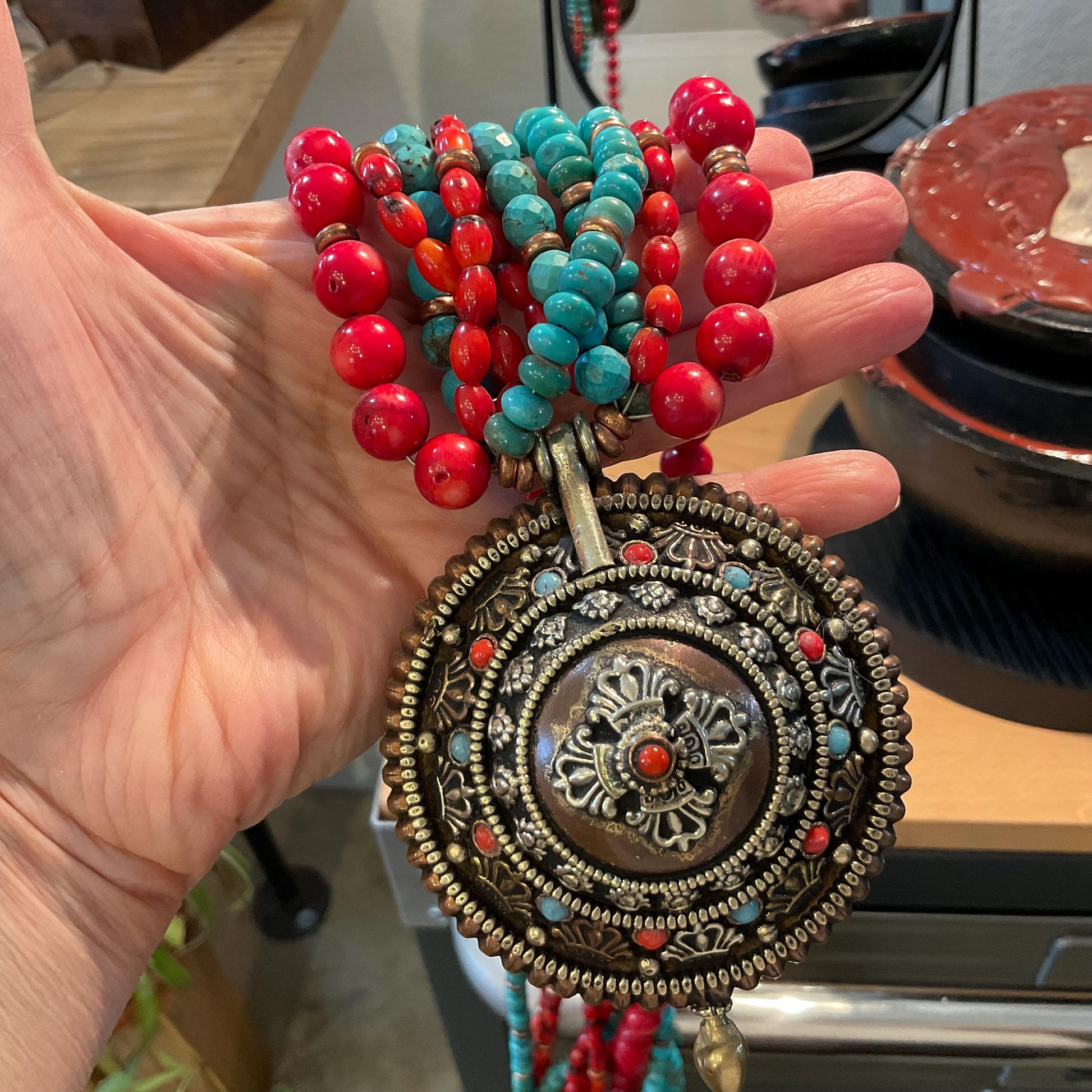 Turquoise red coral Statement long  Necklace Colors Of Etnika