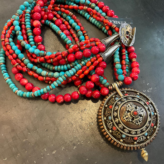 Turquoise red coral Statement long  Necklace