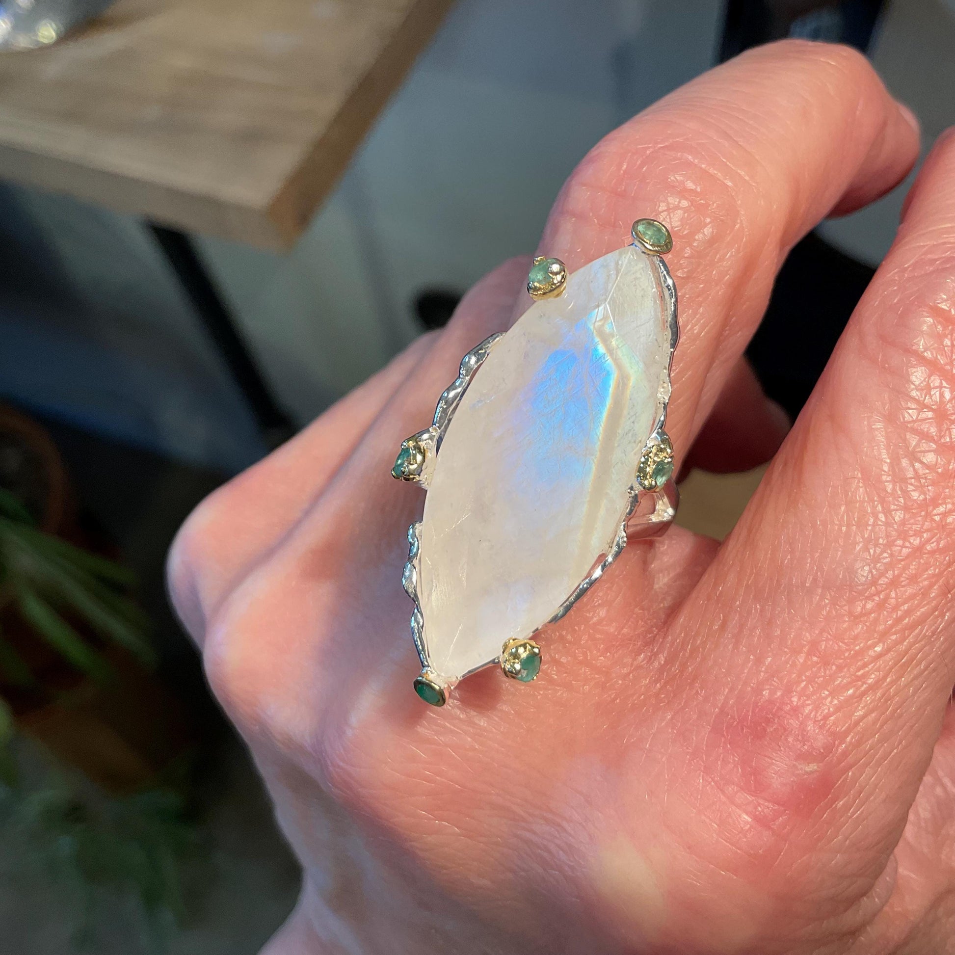 Sterling silver natural moonstone Marquis emerald ring 8.5 Colors Of Etnika