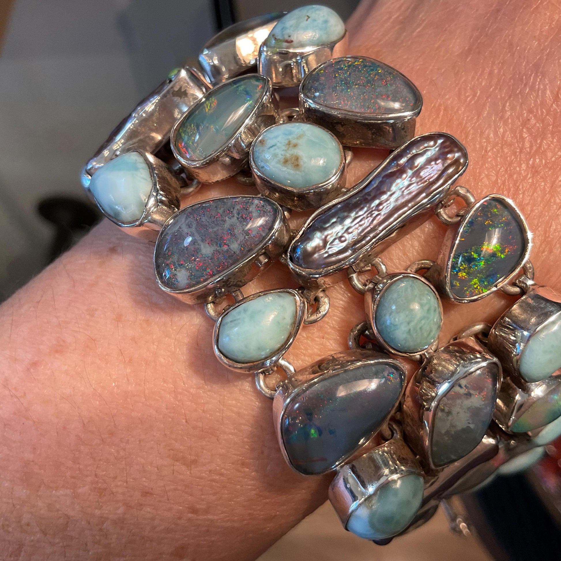 sterling silver Dominican larimar Australian Opal pearl bracelet Colors Of Etnika