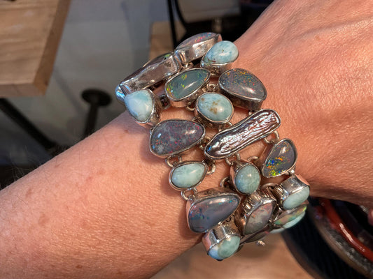 sterling silver Dominican larimar Australian Opal pearl bracelet